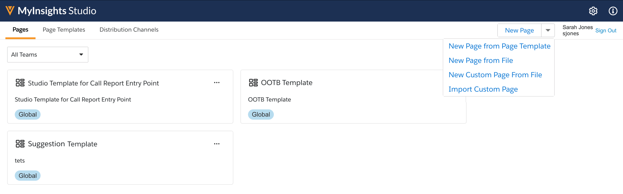 MyInsights Studio Pages: Template Management and Creation Interface