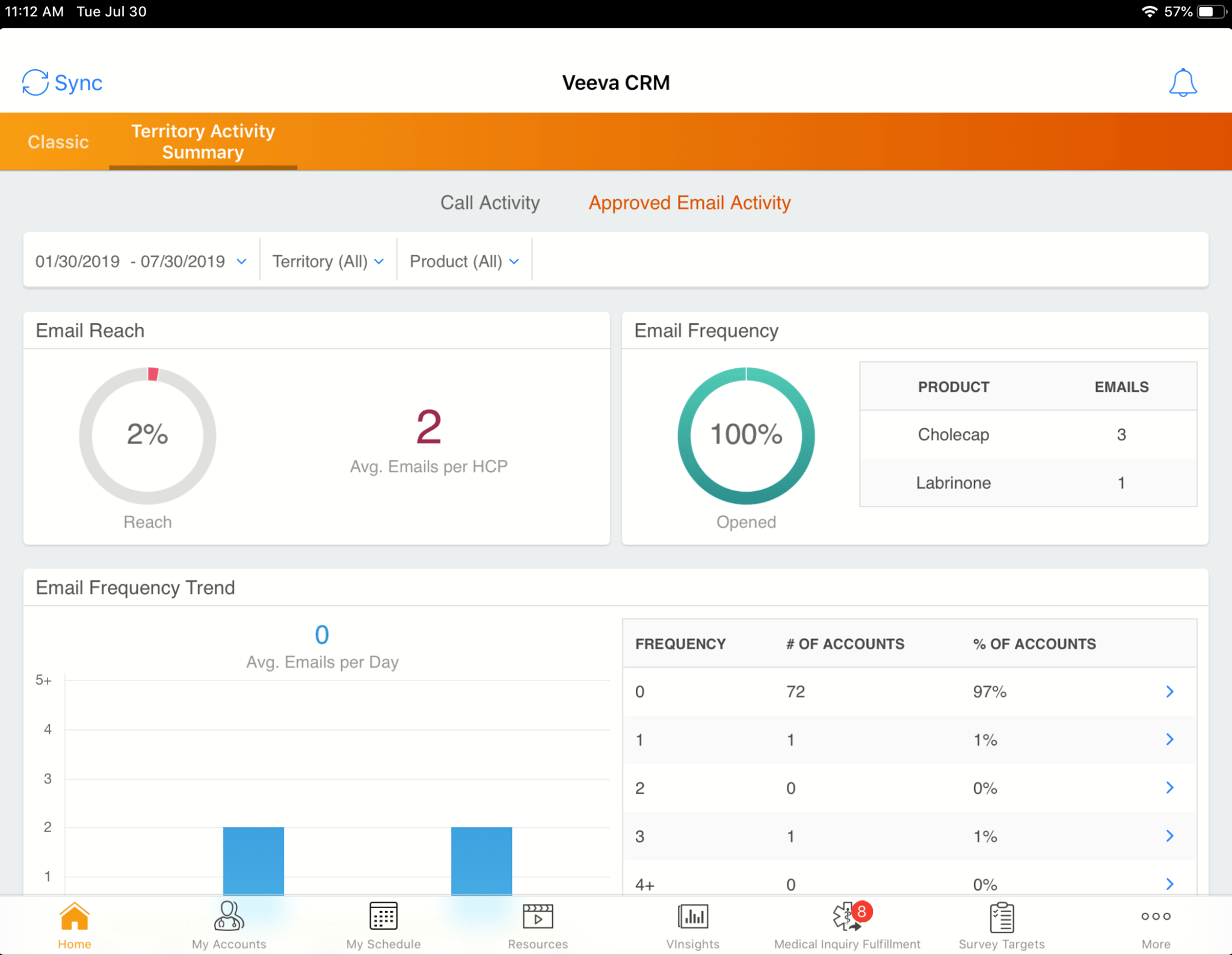 Veeva CRM Territory Activity Summary Dashboard on iPad