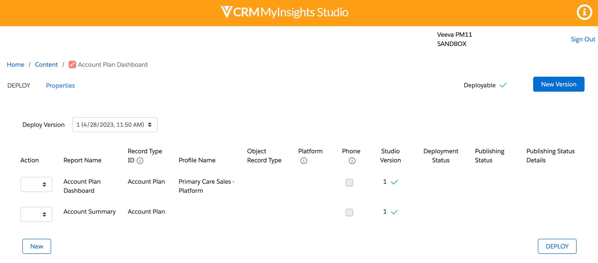 VCRM MyInsights Studio Account Plan Dashboard Deployment View
