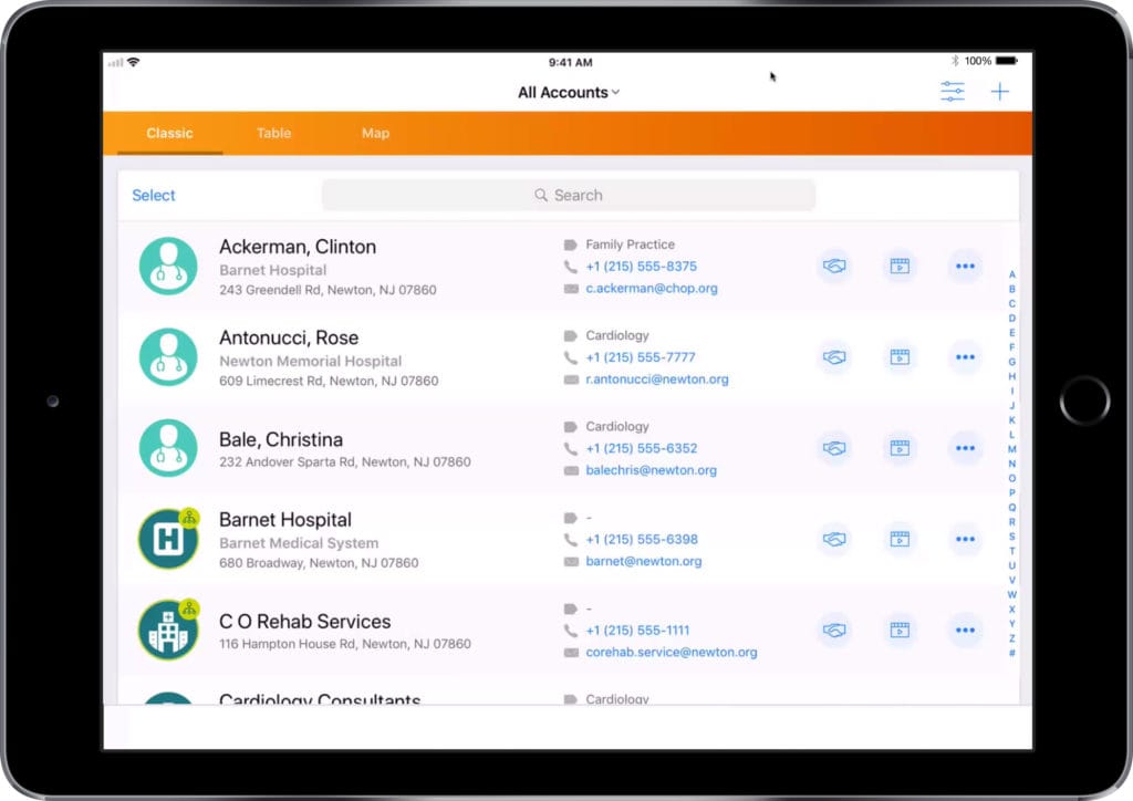 iPad Interface Showing Accounts with Contact and Location Details