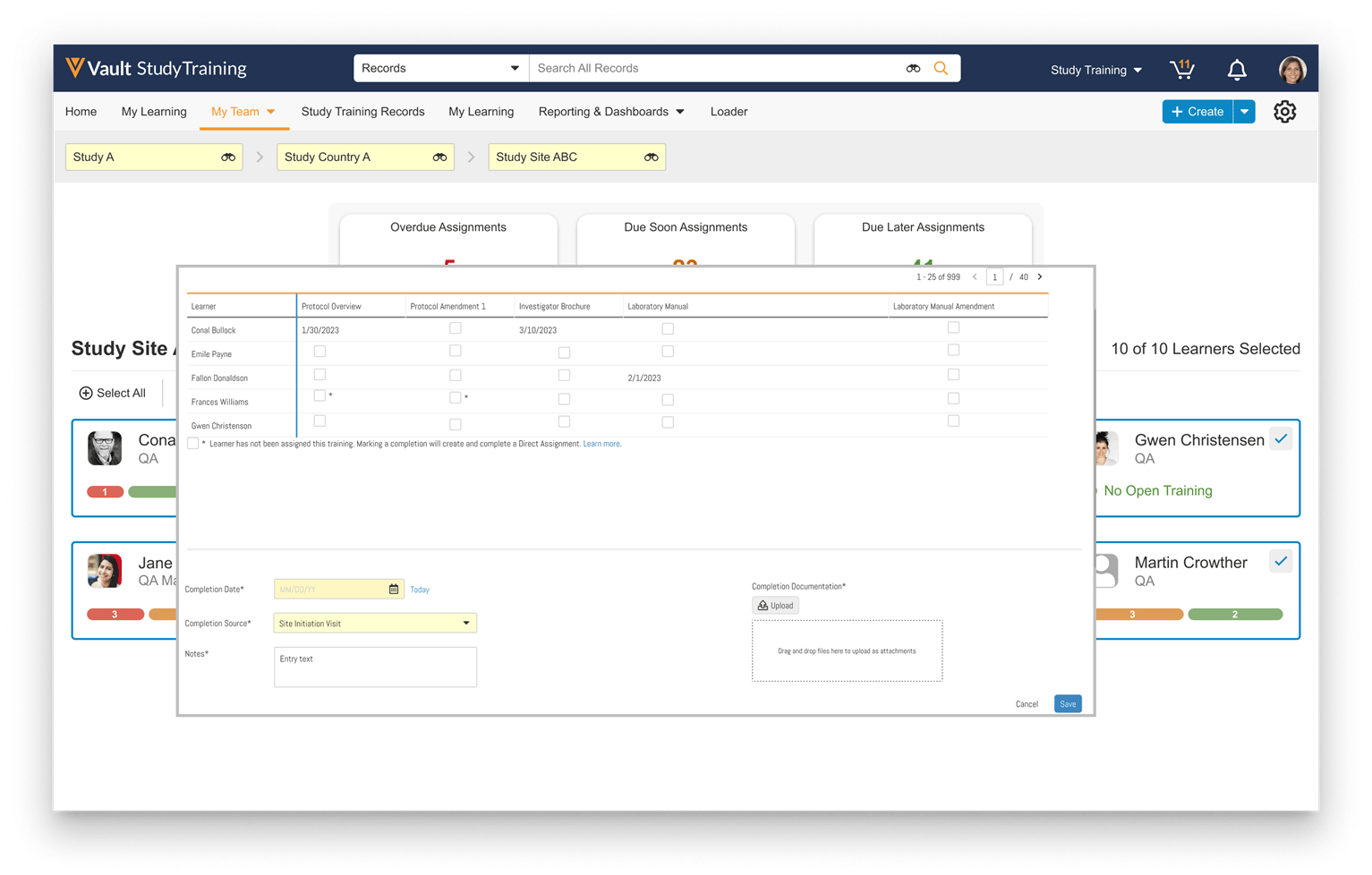 Vault Study Training: Study Site Assignments and Learner Completion