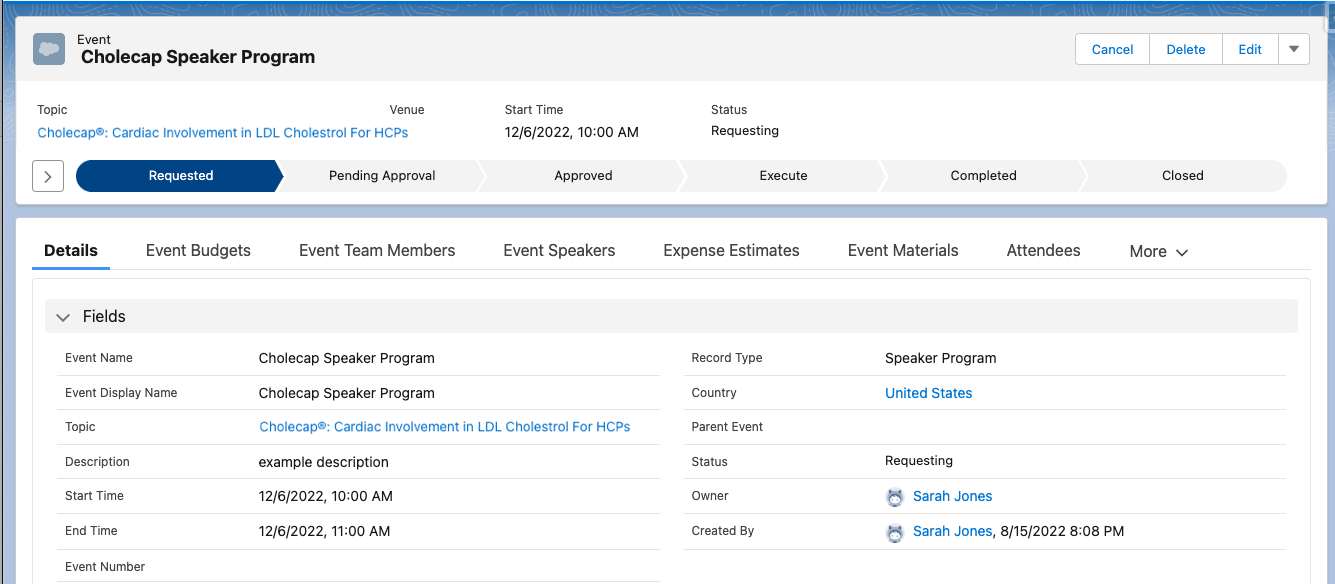 Cholecap Speaker Program Event Details and Status