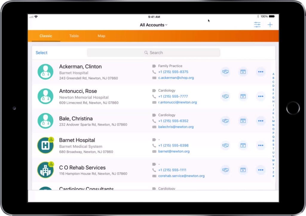 iPad Interface Showing Accounts with Contact and Location Details